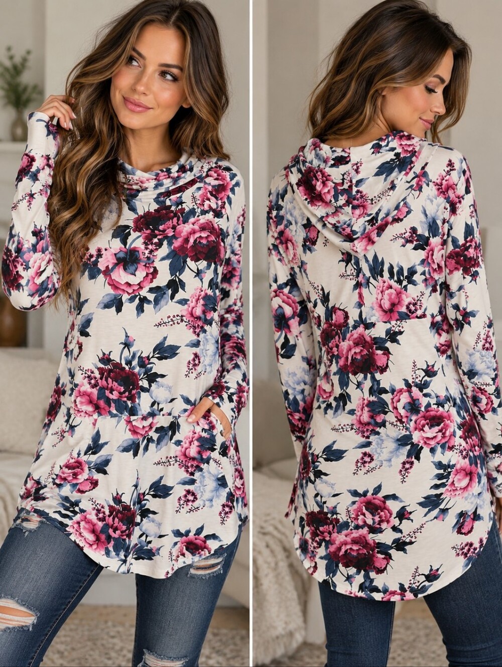 LuLaRoe Amber Small White Pink Floral Lightweight Hoodie